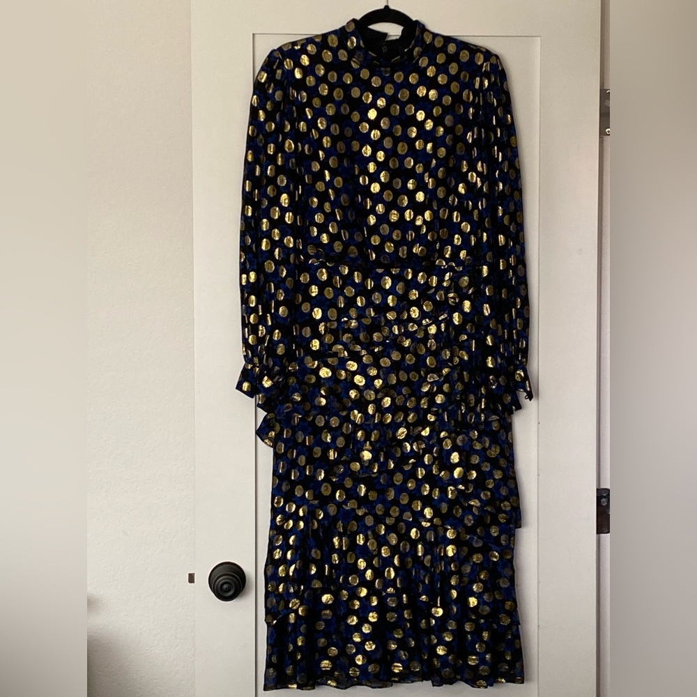 SALONI Blue and Gold Sheath Isa Ruffle Dress